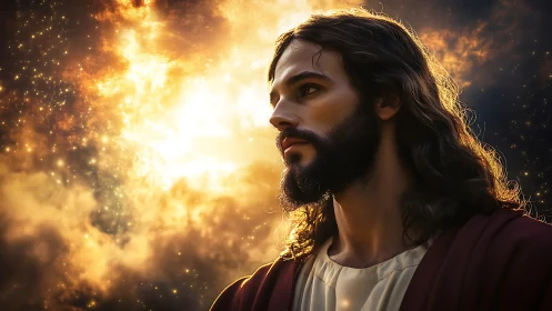 Digital painting portrait with radiant celestial backlight composition.