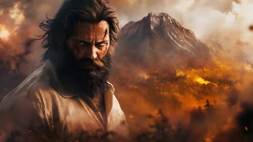 Scarred wanderer glowers amid wildfire-wreathed mountain dusk.