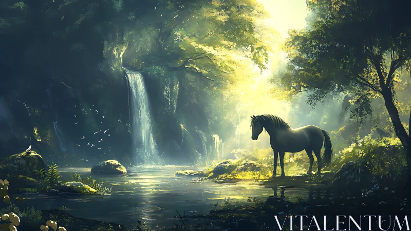 White horse beside forest waterfall in soft morning light.
