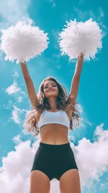 Joyful cheerleader lifts pom poms high under bright blue sky