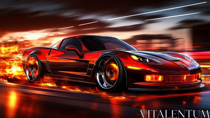 Red supercar ignites neon highway with blazing motion blur.