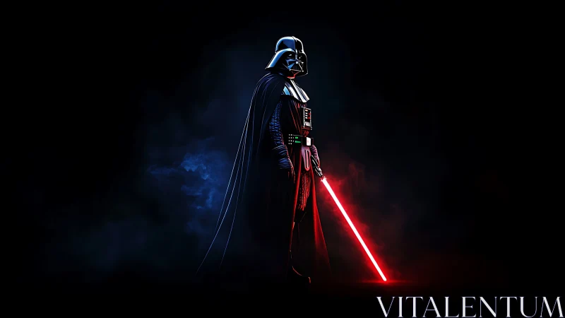 Dark armored warrior with glowing red energy blade poised.