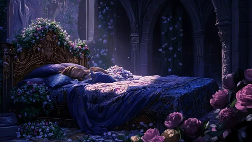 Ornate canopy bed in moonlit stone chamber with flowers.
