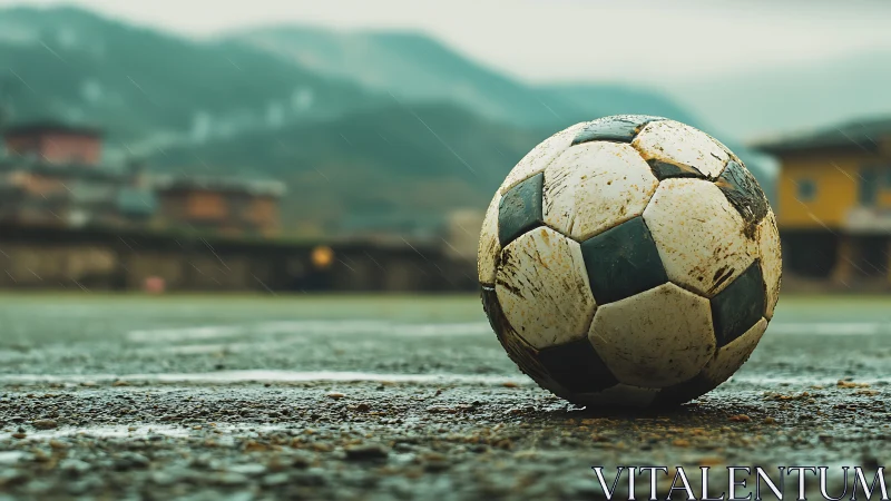 Worn soccer ball resting on wet outdoor field in rain.