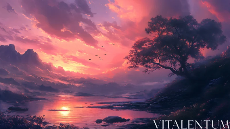 Twilight river hush beneath a whispering ember sky.