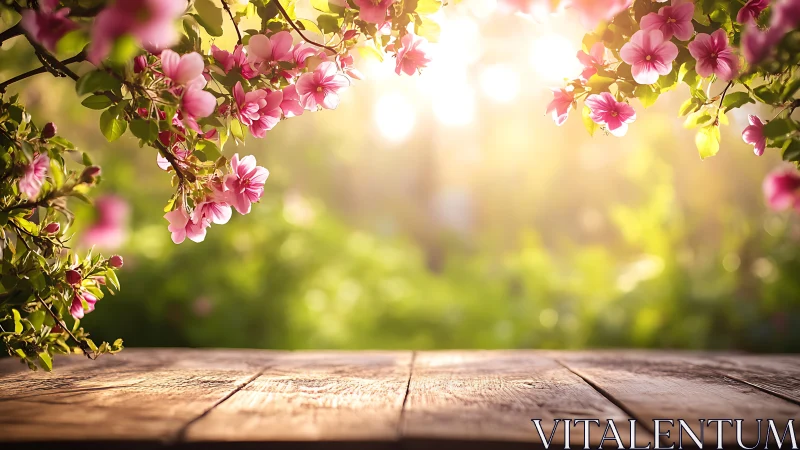Pink flowers with wooden table and backlit garden setting.