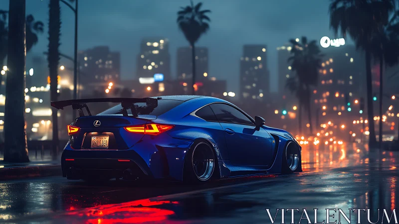 Blue modified Lexus coupe on wet city street at night.