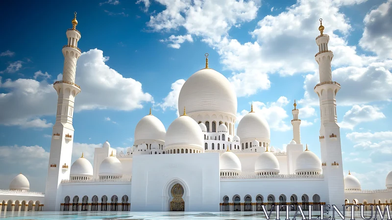 Sunlit white domes drifting like clouds above tranquil water.