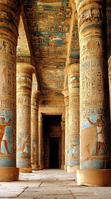 Hypostyle hall with polychrome hieroglyphic columns in temple corridor