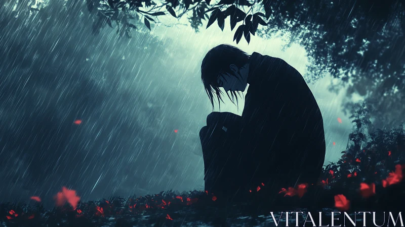 Silhouetted figure sits alone in heavy rain among red flowers.