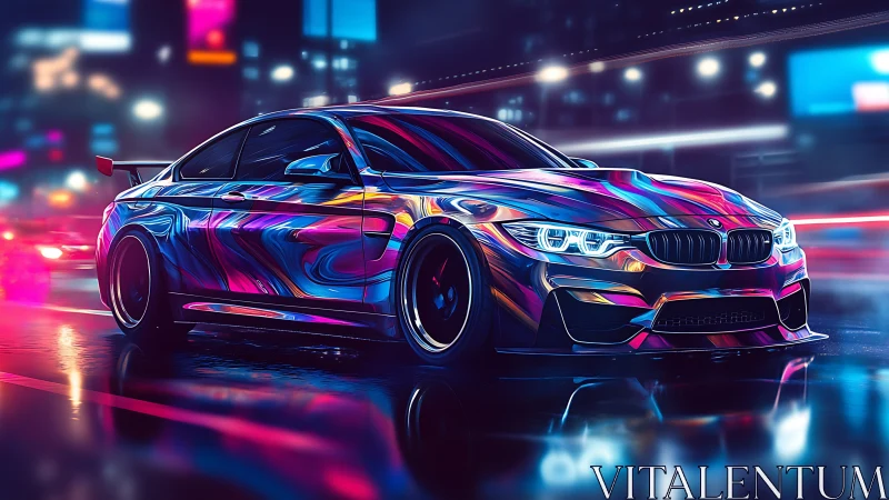 Neon drift car slices through hypercolor cyberpunk cityscape.