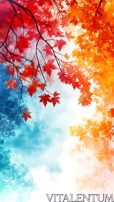 Maple canopy gradient with vivid seasonal color contrast.