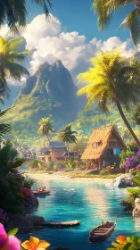 Tropical Island Village: Thatched Dwellings with Geological Formations