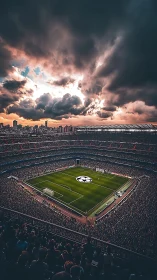 Floodlit football stadium under dense dramatic storm clouds