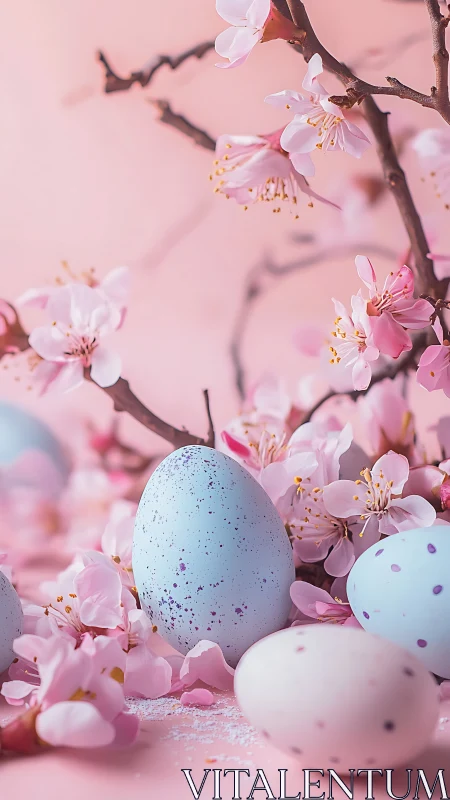Speckled pastel eggs rest among pink cherry blossoms