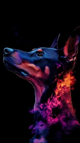 Neon canine profile with colored vapor on black background.