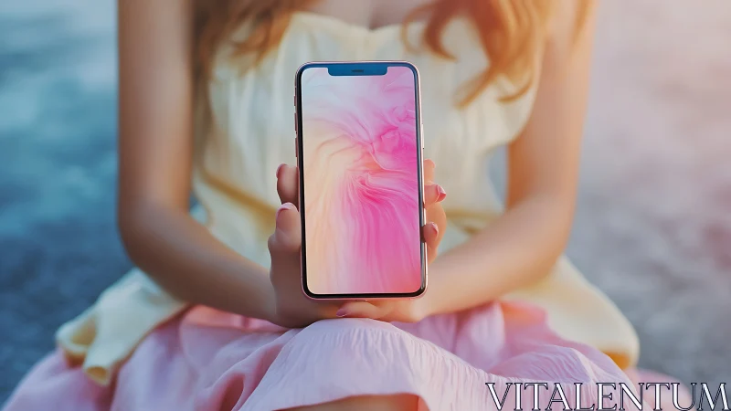 Woman holding smartphone with pink abstract display wallpaper