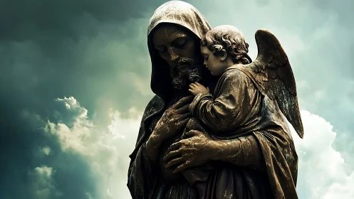 Gentle guardian statue cradling a tender, trusting angel.