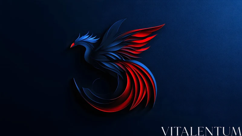 Stylized blue and red phoenix on dark textured background.