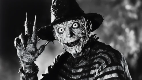 Smiling scarecrow ghoul waves from a foggy monochrome dream.