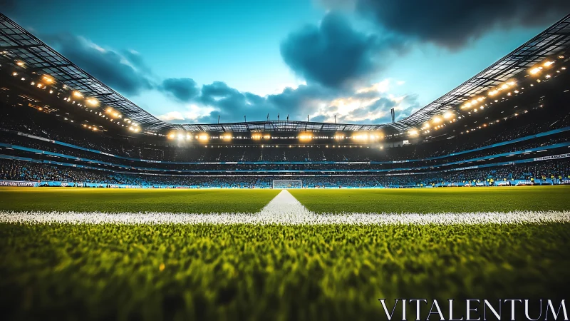 Floodlit football stadium frames vivid green pitch at dusk