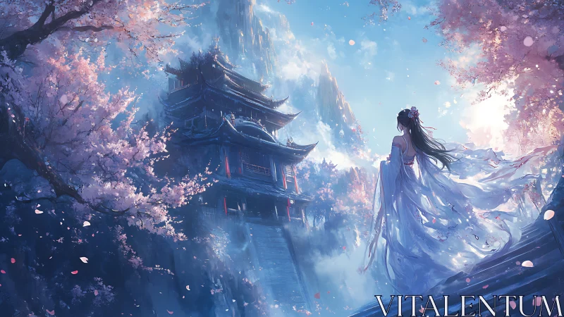 Elegant woman facing mountain temple under cherry trees.