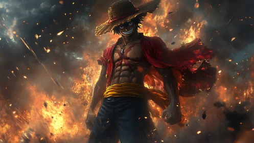Straw hat warrior stands amid roaring inferno with torn coat