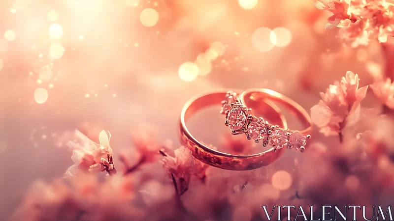 Macro bridal rings amid blush floral bokeh field.