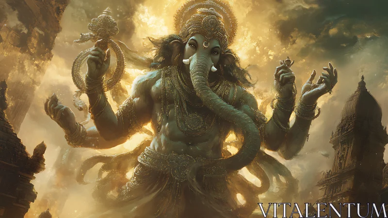Mythic multi-armed elephant deity in radiant volumetric aureole.