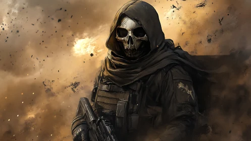 Tactical skull‑masked soldier emerging through blast haze.