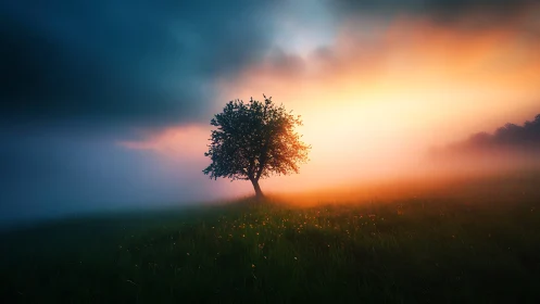 Lone tree in foggy meadow under vivid sunrise light.