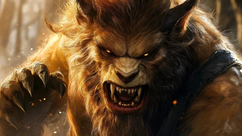 Snarling werewolf lunges from a burning, ember lit forest