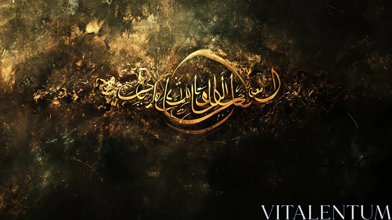 Golden Arabic calligraphy arcs across textured dark nebula ground