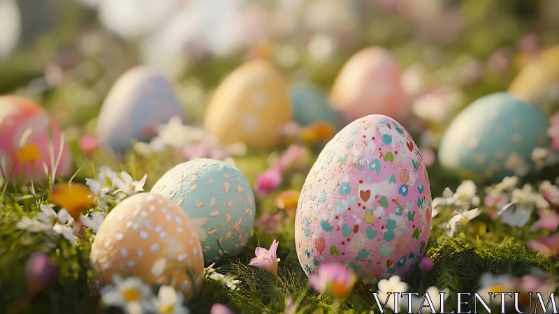 3D shallow-focus Easter eggscape with floral ground plane.