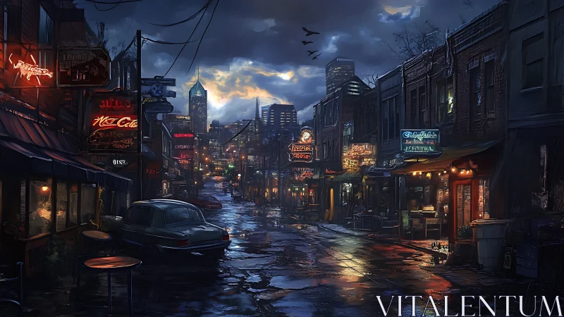 Rain-soaked neon alleyway with moody twilight skyline view.