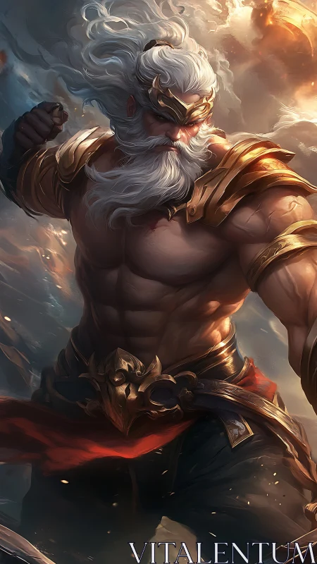 Mythic storm warlord in golden armor, dynamic sky backdrop.