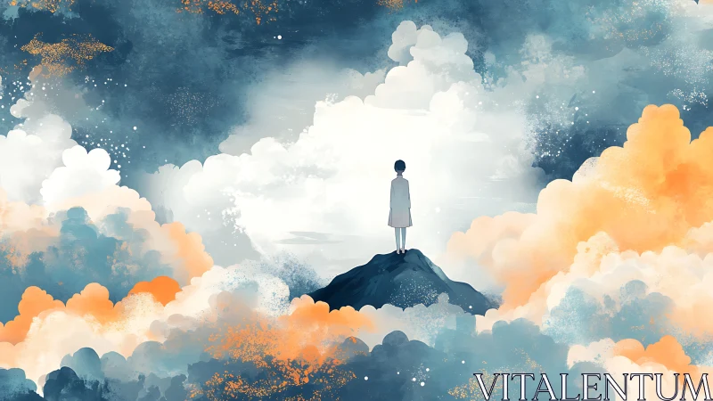 Solitary figure on cloud-sheathed peak in atmospheric gradients.