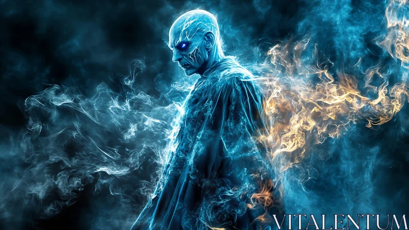 Frostfire specter pauses mid-stride as blue embers whisper