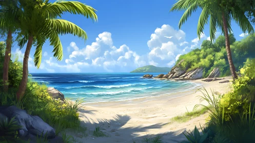 Tropical beach with palm trees and calm ocean waters