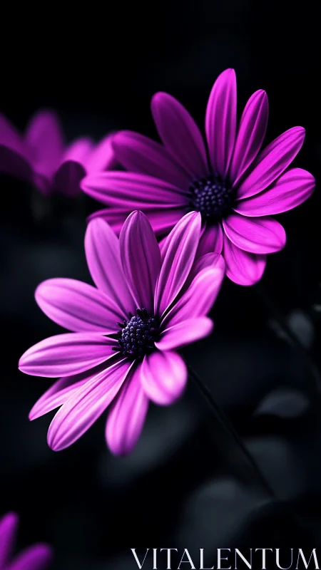 Vibrant Magenta Daisy Flowers Against Dark Background.