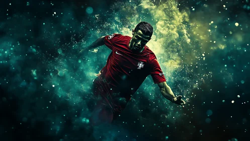 Explosive sprint of digital footballer through teal mist.