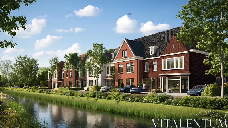 Canal-side modern townhouses under clear blue sky.
