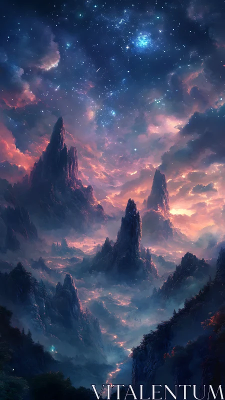 Starlit sky over jagged peaks and mist-filled valley landscape.