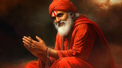 Digital portrait of serene elderly guru in saffron robes.