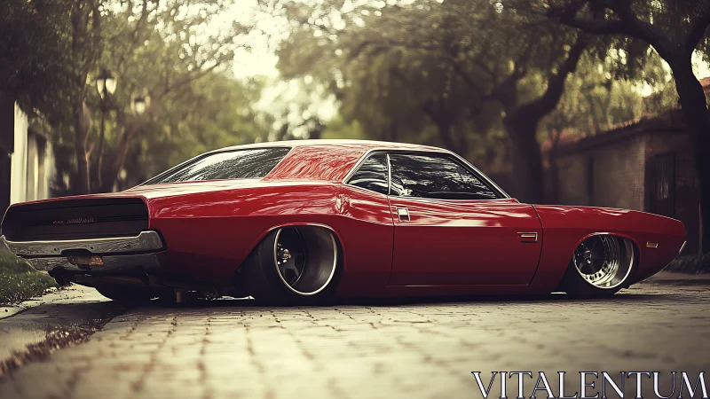 Red classic muscle car parked on quiet tree-lined street.
