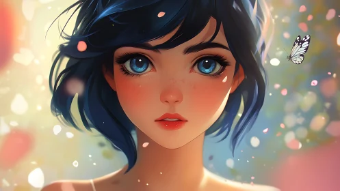 Blue haired anime girl portrait with butterfly and bokeh light.