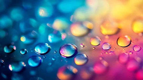 Colorful droplets glow gently across a dreamy rainbow surface