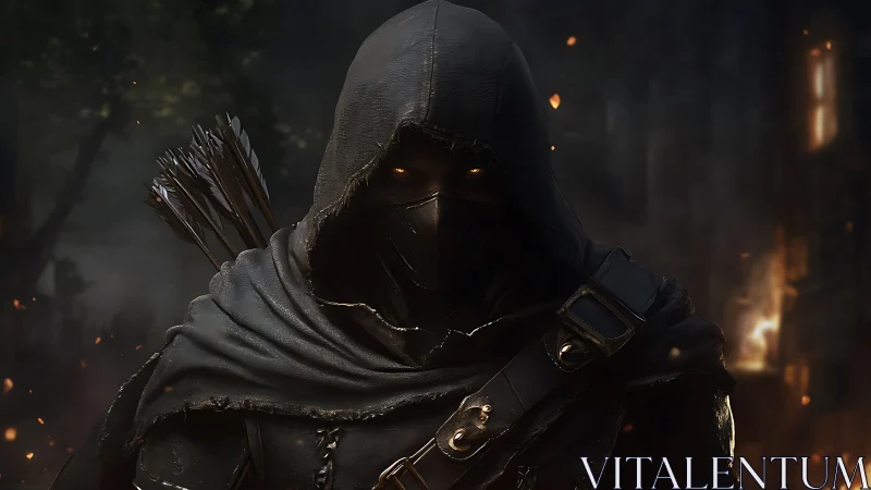 Hooded archer figure in dark forest with glowing eyes.