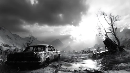 Monochrome post-apocalyptic valley with derelict sedan foreground.