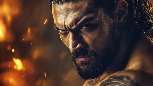 Close male portrait is rendered with intense directional lighting